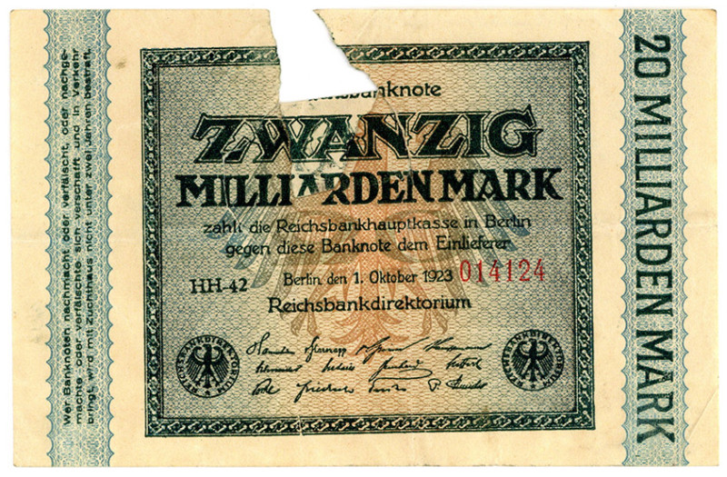 DEUTSCHES REICH BIS 1945, Geldscheine der Inflation, 1919-1924, 20 Milliarden Ma...