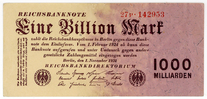 DEUTSCHES REICH BIS 1945, Geldscheine der Inflation, 1919-1924, 1 Billion Mark 0...