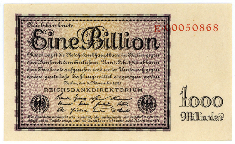 DEUTSCHES REICH BIS 1945, Geldscheine der Inflation, 1919-1924, 1 Billion Mark 0...
