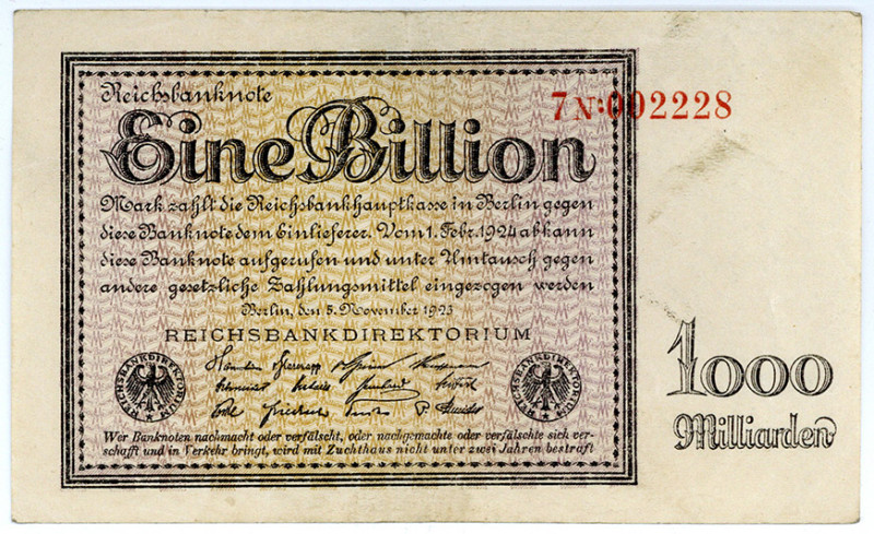 DEUTSCHES REICH BIS 1945, Geldscheine der Inflation, 1919-1924, 1 Billion Mark 0...