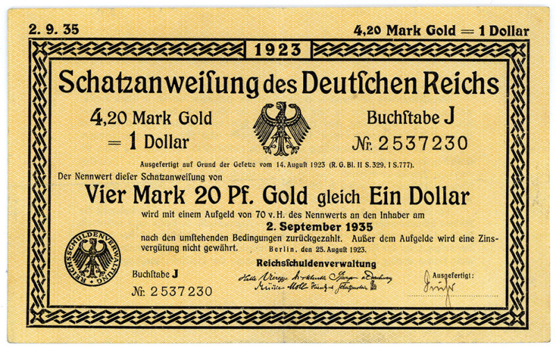 DEUTSCHES REICH BIS 1945, Wertbeständiges Notgeld, 1923, 4,20 Mark Gold =1 Dolla...