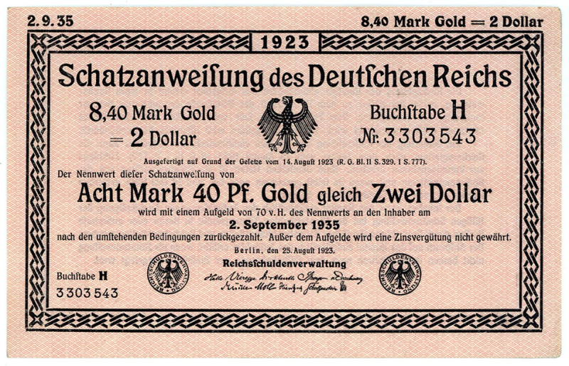 DEUTSCHES REICH BIS 1945, Wertbeständiges Notgeld, 1923, 8,40 Mark Gold =2 Dolla...