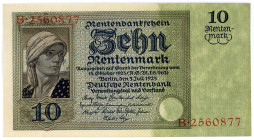 DEUTSCHES REICH BIS 1945, Ausgaben der Deutschen Rentenbank, 1923-1937, 10 Rentenmark 3.7.1925. Serie B, KN 2560877.
I-
Ros.163; Grab.DEU-208