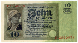 DEUTSCHES REICH BIS 1945, Ausgaben der Deutschen Rentenbank, 1923-1937, 10 Rentenmark 3.7.1925. Serie B, KN 2560878.
I-
Ros.163; Grab.DEU-208