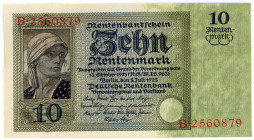 DEUTSCHES REICH BIS 1945, Ausgaben der Deutschen Rentenbank, 1923-1937, 10 Rentenmark 3.7.1925. Serie B, KN 2560879.
I-
Ros.163; Grab.DEU-208