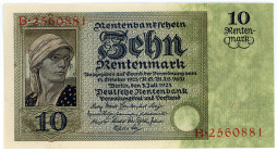 DEUTSCHES REICH BIS 1945, Ausgaben der Deutschen Rentenbank, 1923-1937, 10 Rentenmark 3.7.1925. Serie B, KN 2560881.
I-
Ros.163; Grab.DEU-208