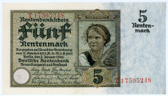 DEUTSCHES REICH BIS 1945, Ausgaben der Deutschen Rentenbank, 1923-1937, 5 Rentenmark 02.01.1926. KN 8-stellig, Serie T.
I
Ros.164b; Grab.DEU-209b