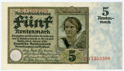 DEUTSCHES REICH BIS 1945, Ausgaben der Deutschen Rentenbank, 1923-1937, 5 Rentenmark 02.01.1926. KN 8-stellig, Serie U.
I
Ros.164b; Grab.DEU-209b