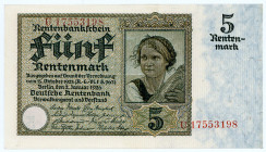 DEUTSCHES REICH BIS 1945, Ausgaben der Deutschen Rentenbank, 1923-1937, 5 Rentenmark 02.01.1926. KN 8-stellig, Serie U.
I
Ros.164b; Grab.DEU-209b