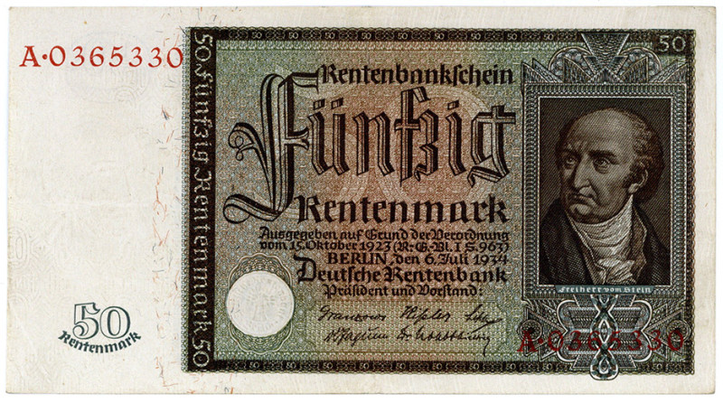 DEUTSCHES REICH BIS 1945, Ausgaben der Deutschen Rentenbank, 1923-1937, 50 Rente...