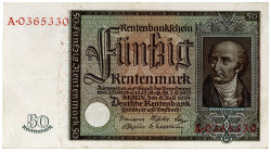 DEUTSCHES REICH BIS 1945, Ausgaben der Deutschen Rentenbank, 1923-1937, 50 Rentenmark 06.07.1934. Farbfrischer Schein.
II-
Ros.165; Grab.DEU-221