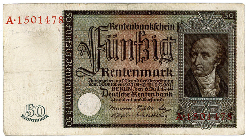 DEUTSCHES REICH BIS 1945, Ausgaben der Deutschen Rentenbank, 1923-1937, 50 Rente...