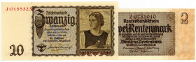 DEUTSCHES REICH BIS 1945, Ausgaben der Deutschen Rentenbank, 1923-1937, 2 Rentenmark 30.01.1937, KN 7-stellig braun. DAZU:20 Reichsmark 16.06.1939.
I...