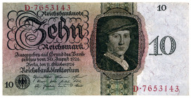 DEUTSCHES REICH BIS 1945, Ausgaben der Deutschen Reichsbank, 1924-1945, 10 Reichsmark 11.10.1924, KN 7-stellig rot, Serie P/D.
I-
Ros.168a; Grab.DEU...