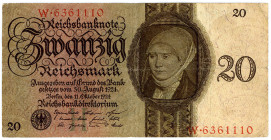 DEUTSCHES REICH BIS 1945, Ausgaben der Deutschen Reichsbank, 1924-1945, 20 Reichsmark 11.10.1924, KN 7-stellig, Serie H/W, seltenste Variante.
III
R...