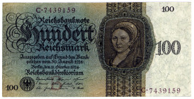 DEUTSCHES REICH BIS 1945, Ausgaben der Deutschen Reichsbank, 1924-1945, 100 Reichsmark 11.10.1924, Serie B/C.
II+
Ros.171a; Grab.DEU-176