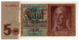 DEUTSCHES REICH BIS 1945, Ausgaben der Deutschen Reichsbank, 1924-1945, 5 Reichsmark 01.08.1942, KN 7-stellig, mit luxemburgischem Gemeinde- /Poststem...