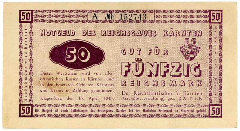 DEUTSCHES REICH BIS 1945, Notausgaben, Frühjahr 1945, Reichsgau Kärnten. 50 Reic...