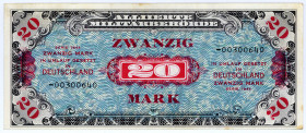 ALLIIERTE BESETZUNG, Alliierte Militärbehörde, 1944, 20 Mark 1944, Besatzungsgeld, US-Druck, KN 8-stellig mit -(Austauschnote).
III+
Ros.204b; Grab....