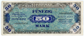 ALLIIERTE BESETZUNG, Alliierte Militärbehörde, 1944, 50 Mark 1944, Besatzungsgeld, US-Druck, KN 8-stellig mit -(Ausstauschnote).
III+
Ros.205b; Grab...
