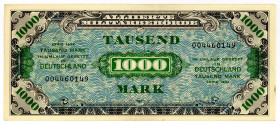 ALLIIERTE BESETZUNG, Alliierte Militärbehörde, 1944, 1000 Mark 1944, Besatzungsgeld, US-Druck, KN 9-stellig.
I-
Ros.207a; Grab.AMB-8a