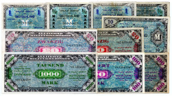 ALLIIERTE BESETZUNG, Alliierte Militärbehörde, 1944, 1000 Mark 1944, UdSSR-Druck, KN 8-stellig(I-). DAZU:1/2 Mark(2x), 1 Mark (2x), 10 Mark(1x), 20 Ma...
