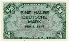 BUNDESREPUBLIK DEUTSCHLAND AB 1948, Noten der Bank Deutscher Länder, 1948-1949, 1/2 DM 1948, ohne KN und Serie.
I
Ros.230; Grab.WBZ-1