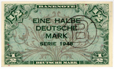 BUNDESREPUBLIK DEUTSCHLAND AB 1948, Noten der Bank Deutscher Länder, 1948-1949, 1/2 DM 1948 mit B-Stempel.
I
Ros.231a; Grab.WBZ-13a