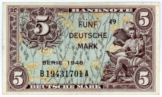 BUNDESREPUBLIK DEUTSCHLAND AB 1948, Noten der Bank Deutscher Länder, 1948-1949, 5 Mark 1948, KN 8-stellig, Serie B/A.
II
Ros.236a; Grab.WBZ-4