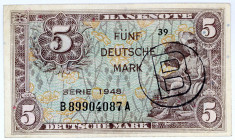 BUNDESREPUBLIK DEUTSCHLAND AB 1948, Noten der Bank Deutscher Länder, 1948-1949, 5 Mark 1948, mit B-Stempel, Serie B/A.
I-
Ros.237a; Grab.WBZ-16a