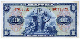 BUNDESREPUBLIK DEUTSCHLAND AB 1948, Noten der Bank Deutscher Länder, 1948-1949, 10 Deutsche Mark 1948, mit B-Stempel. Hübscher farbfrischer Schein.
I...