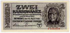 MILITÄRGELD UND BESATZUNGSAUSGABEN DES II. WELTKRIEGS, Besatzungsausgaben der UdSSR, 1941/1942, Zentralnotenbank Ukraine. 2 Karbowanez 10.03.1942, KN ...