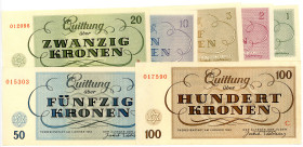 MILITÄRGELD UND BESATZUNGSAUSGABEN DES II. WELTKRIEGS, Ausgaben jüdischer Ghettos, Theresienstadt. 1, 2, 5, 10 Kronen (alle Serie A), 20(B), 50(B), 10...