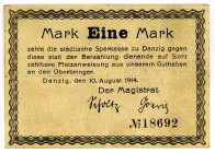 NEBENGEBIETE, Danzig, 1914-1938, 1 Mark 10.08.1914, Wz.Wellen, KN 5-stellig, unentwertet.
III
Pick 2a; Di.73.2a