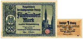 NEBENGEBIETE, Danzig, 1914-1938, 500 Mark 31.10.1922 (Erh.III). DAZU:1 Danziger Pfennig 22.10.1923 (Erh.III).
III
Ros.793; 811; Grab.DAN-17; DAN-35