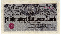 NEBENGEBIETE, Danzig, 1914-1938, 500 Millionen Mark 26.09.1923. Randdruck grau.
I/I-
Ros.807a; Grab.DAN-31a