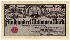 NEBENGEBIETE, Danzig, 1914-1938, 500 Millionen Mark 26.09.1923. Randdruck gelb.
I/I-
Ros.807b; Grab.DAN-31b