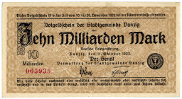 NEBENGEBIETE, Danzig, 1914-1938, 10 Milliarden Mark 11.10.1923. Wz.Tropfen, KN6-stellig.
I/I-
Ros.810a; Grab.DAN-34