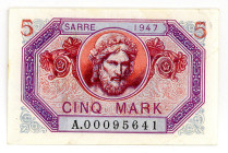 NEBENGEBIETE, Saarland, 1920-1948, Saarmark. 5 Mark 1947.
II
Ros.869; Grab.SAR-10