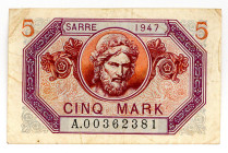 NEBENGEBIETE, Saarland, 1920-1948, Saarmark. 5 Mark 1947.
III-
Ros.869; Grab.SAR-10