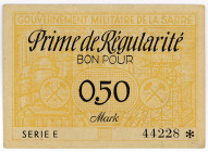 NEBENGEBIETE, Saarland, 1920-1948, Prime de Regularite. 0,50 Mark o.D.(1947), KN 5-stellig, Serie E.
II
Ros.873; Grab.SAR-14