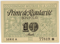 NEBENGEBIETE, Saarland, 1920-1948, Prime de Regularite. 10 Mark o.D.(1947), KN 5-stellig, Serie A.
I-
Ros.877; Grab.SAR-18