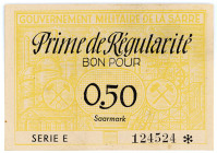 NEBENGEBIETE, Saarland, 1920-1948, Prime de Regularite. 0,50 Saarmark o.D.(1947), KN 6-stellig, Serie E.
I-
Ros.878; Grab.SAR-19