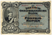 DEUTSCHE KOLONIEN, Deutsch-Ost-Afrika, 1905-1917, 50 Rupien 15.06.1905, Friedensausgabe. KN 5-stellig, VS 2x rot, Rs.2x schwarz.
III
Ros.902d; Grab....