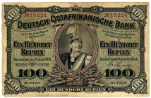 DEUTSCHE KOLONIEN, Deutsch-Ost-Afrika, 1905-1917, 100 Rupien 15.6.1905, Friedensausgabe. KN 5-stellig, Vs.2x rot, Rs.2x schwarz.
III-
Ros.903b; Grab...