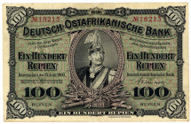 DEUTSCHE KOLONIEN, Deutsch-Ost-Afrika, 1905-1917, 100 Rupien 15.6.1905, Friedensausgabe. KN 5-stellig, Vs.zwei KN rot, Rs.zwei KN schwarz.
III
Ros.9...
