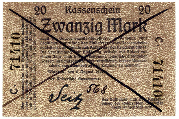 DEUTSCHE KOLONIEN, Deutsch-Südwestafrika, 1914-1918, 20 Mark, 8.8.1914, "Seitzno...