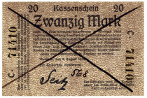 DEUTSCHE KOLONIEN, Deutsch-Südwestafrika, 1914-1918, 20 Mark, 8.8.1914, "Seitznote", entwertet.
II
Ros.944; Grab.DSW-3