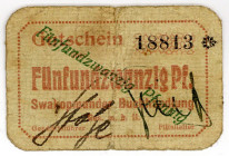 DEUTSCHE KOLONIEN, Deutsch-Südwestafrika, 1914-1918, Swakopmunder Buchhandlung. 25 Pfennig o.D., mit runden Ecken, zwei Hand-Us. schwarz.
III
Ros.95...