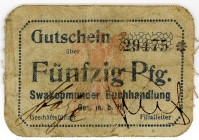 DEUTSCHE KOLONIEN, Deutsch-Südwestafrika, 1914-1918, Swakopmunder Buchhandlung. 50 Pfennig o.D., mit runden Ecken, zwei Hand-Us. schwarz.
III-
Ros.9...